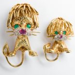 A pair of Retro gemstone and diamond eighteen karat gold brooches