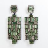 A pair of tourmaline, diamond and blackened silver pendant earrings