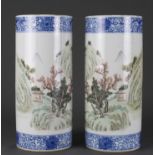 A pair Chinese Famille Verte blue and white cylindrical vases