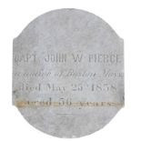 A carved marble headstone from the original San Francisco Yerba Buena Cemetary