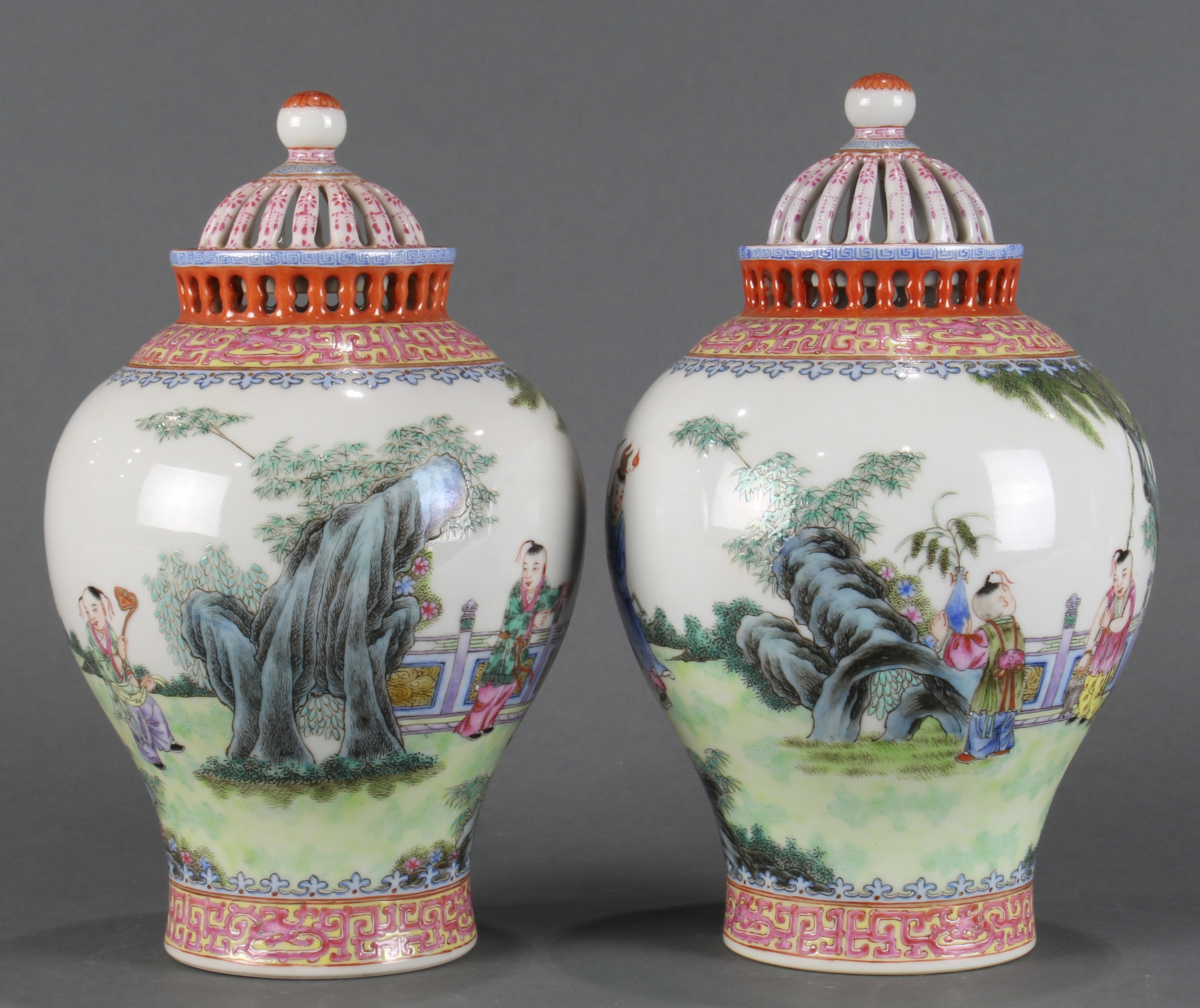 A pair Chinese Export Famille Rose potpourri jars - Image 3 of 5
