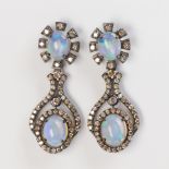 A pair of opal, diamond and blackened silver earrings