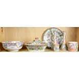 A shelf of (7) Rose Canton porcelain table articles