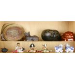 Asian items: cat pillow, peach form box, Hakata figures, etc