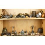 2 Asian metalwork shelves: (20) bells; (2) prayer wheels