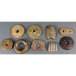 9 Archaistic style hardstone bi discs or tube form carvings