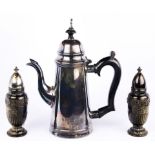 (Lot of 3) Indian silver plate coffee pot with a wood handle fashioned in Georgian style