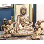 (lot of 5) Thai mirrored inlaid gilt over lacquer seated figure of Buddha