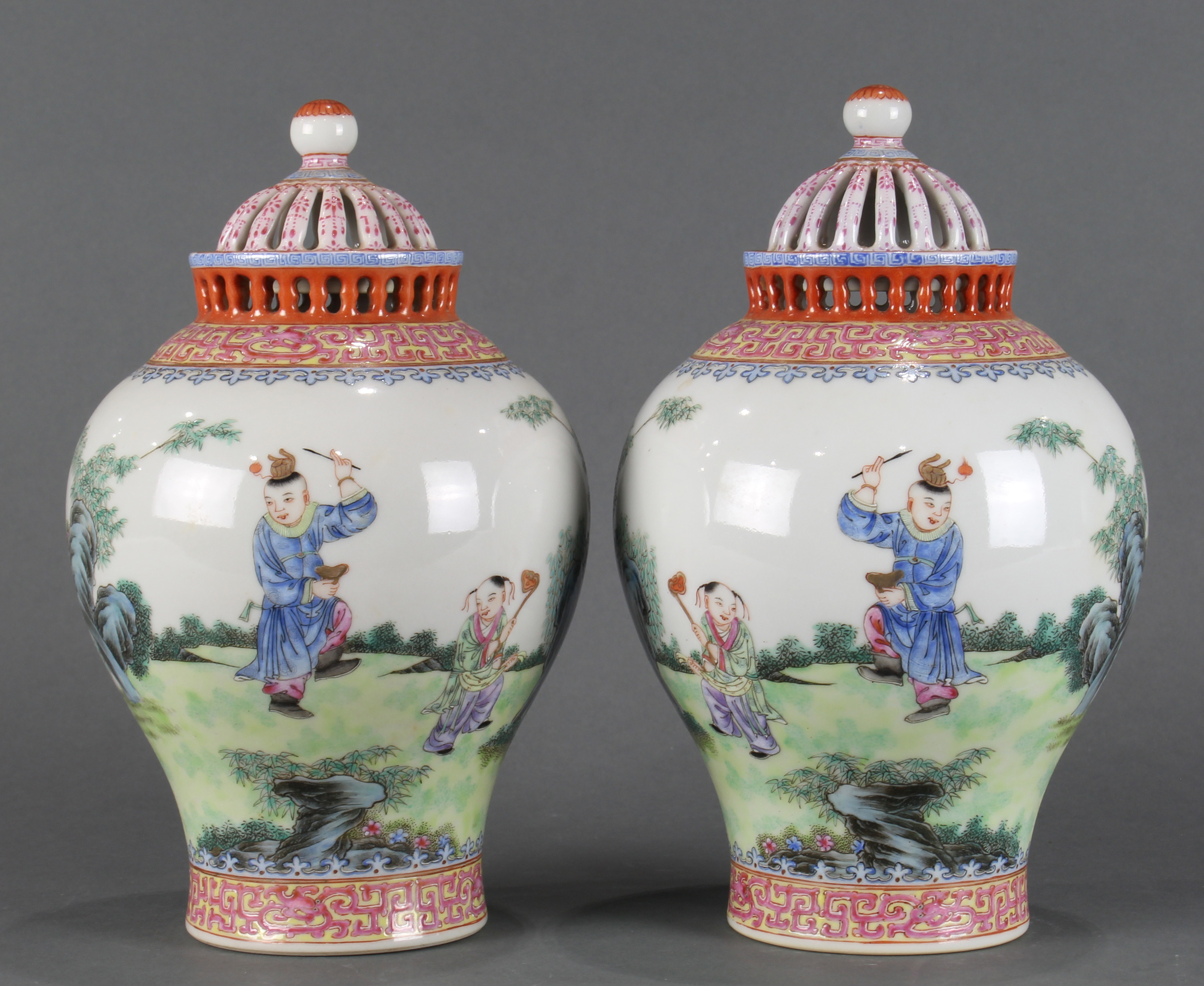 A pair Chinese Export Famille Rose potpourri jars - Image 2 of 5