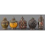 A (lot of 5) Tibetan coral and turquoise inlaid snuff bottles