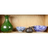 Japanese lot: iron kettle, cloisonne vase and 2 Imari bowls