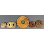 5 Archaistic style yellow or russet hardstone carvings