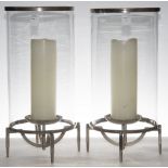 Massive pair Contemporary cylindrical hurricane lamps on chrome bases
