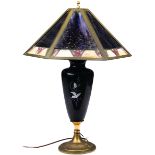 An English Mary Gregory lamp of tapered form with a later leaded glass shade