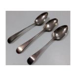 Three Georgian London silver serving spoons: 1804