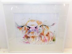 A framed watercolour of cow by Nicola Jane Rowles,