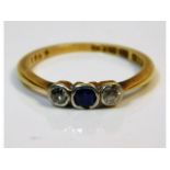 An early 20thC. 18ct gold ring set with diamond & sapphire, some wear to mounts size J/K 1.8g