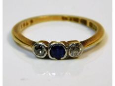 An early 20thC. 18ct gold ring set with diamond & sapphire, some wear to mounts size J/K 1.8g