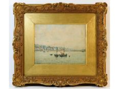 A gilt framed watercolour depicting Buckie, Scotla