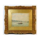 A gilt framed watercolour depicting Buckie, Scotla