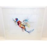 A framed original watercolour of pheasant flying b