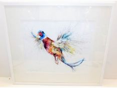 A framed original watercolour of pheasant flying b