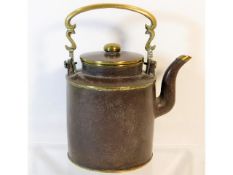 A 19thC. Yixing teapot with brass fittings 8in tall x 6.25in at widest points, faults to internal ri