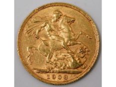 A 1908 Edwardian full gold sovereign