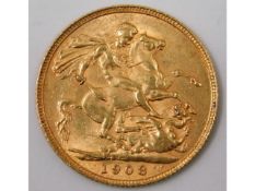 A 1908 Edwardian full gold sovereign