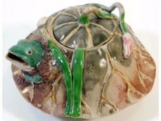 An antique Japanese Banko frog & lily teapot with