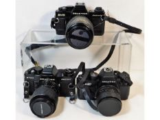 Three 35mm film cameras by Praktica B100; BMS; BX2