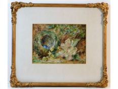 A 19thC. gilt framed watercolour of birds nest by