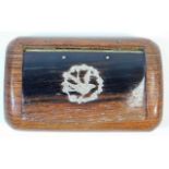 A rosewood snuff box with inlaid white metal decor