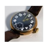 A 9ct gold WW1 wrist watch, not running, fault with winder