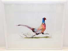 A framed original watercolour of running pheasant