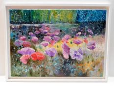 A decorative acrylic on canvas depicting floral sc