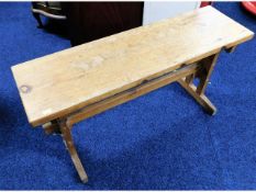 A small pine porch bench, 36in wide x 10.5in deep