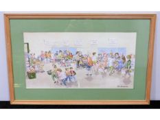 A framed Roy Macready watercolour depicting shoppi