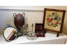 A small oak framed fire screen, a copper samovar,