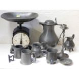 A pewter coffee pot, other pewter & a set of scale