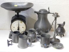 A pewter coffee pot, other pewter & a set of scale