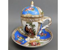 A Meissen porcelain chocolate cup & saucer with lid, two cancellation strikes over cross swords, 5.2