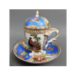 A Meissen porcelain chocolate cup & saucer with lid, two cancellation strikes over cross swords, 5.2