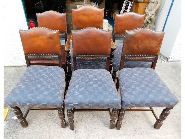 A set of six oak & leather chairs including one ca