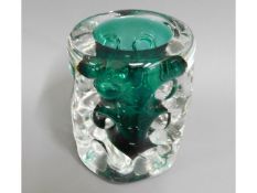 A green Liskeard 'knobbly' glass vase, 4in high