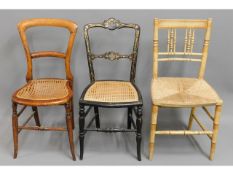 Three 19thC. dining chairs: one balloon back, cane