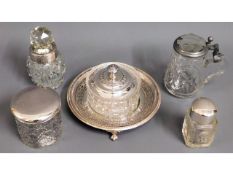 A plated tray with glass lidded bonbon dish twinne