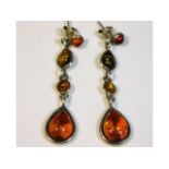 A pair of silver mounted amber drop earrings, 5.3g