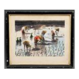 A framed watercolour depicting farming of rice in