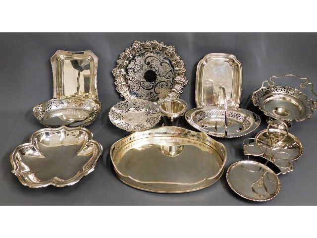 A large silver plated gallery tray & other silver